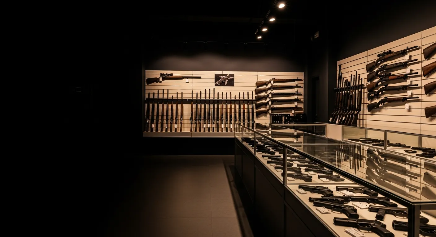 Interior of a firearms retail store with a handgun display counter and a wall of rifles