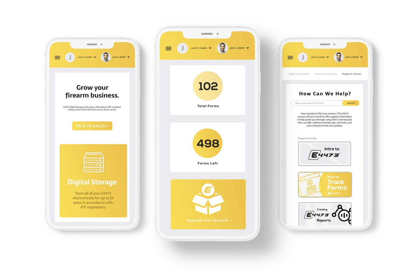 The e4473 dashboard on mobile showing total forms, forms remaining, and quick account actions