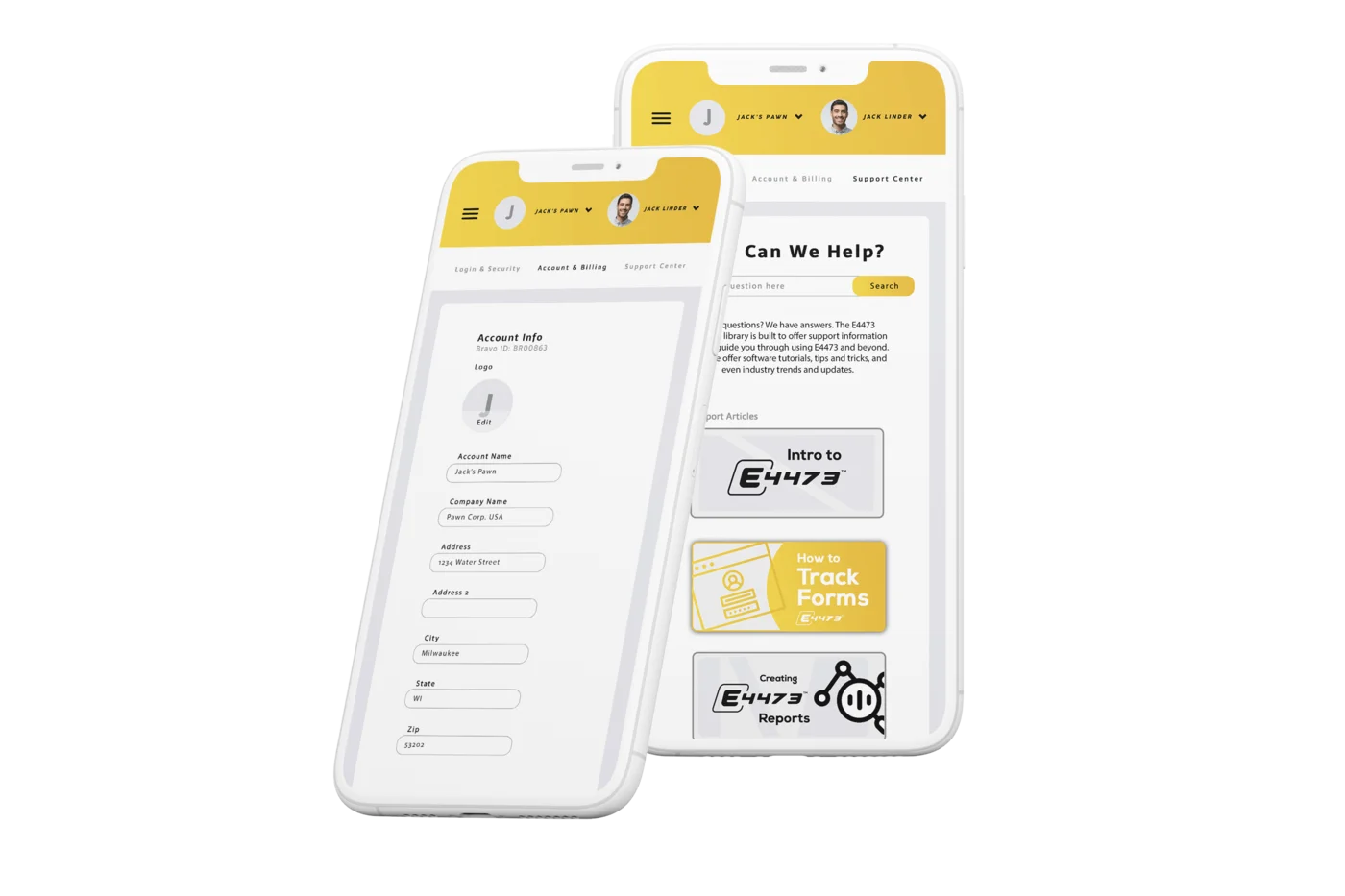 e4473 account and support center screens on mobile, including account info and a searchable help library